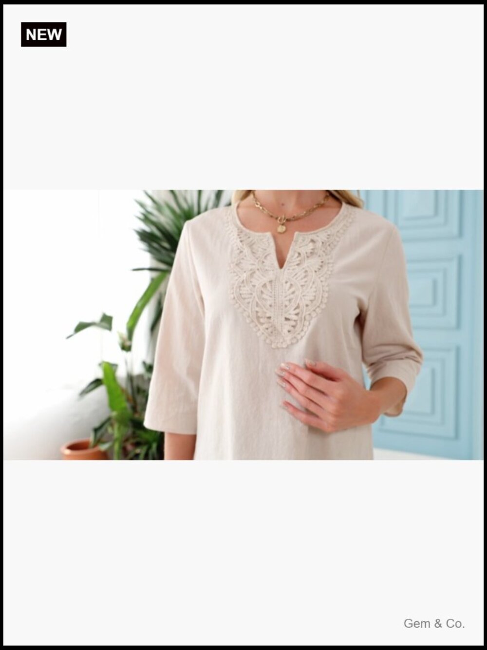 3/4 Sleeve Cotton Linen V-Neck Lace Blouse Loose Fit Boho Tunic Top - Picture 6 of 7